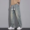 Spring new men's trendy jeans, American high street retro drawstring tight-waisted straight-leg loose wide-leg pants Specification image